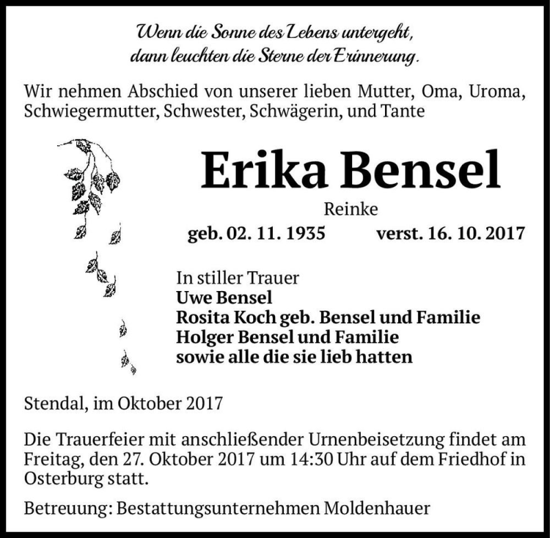  Traueranzeige für Erika Bensel (Reinke)  vom 19.10.2017 aus Magdeburger Volksstimme