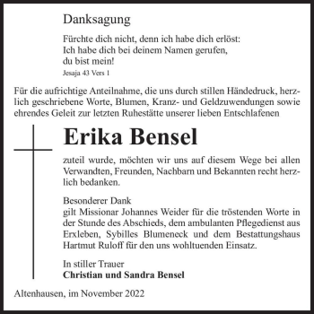 Traueranzeige von Erika Bensel  von Magdeburger Volksstimme