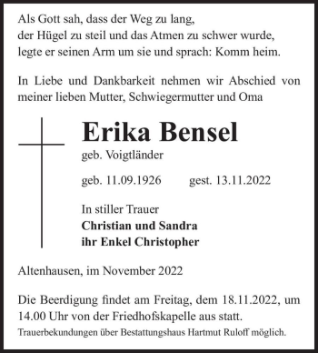 Traueranzeige von Erika Bensel (geb. Voigtländer)  von Magdeburger Volksstimme