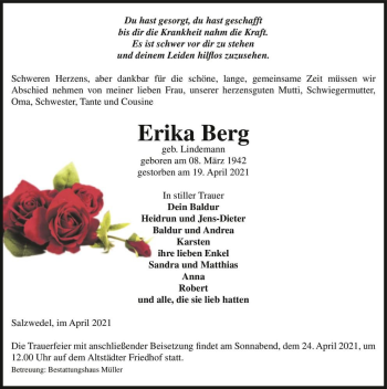 Traueranzeige von Erika Berg (geb. Lindemann)  von Magdeburger Volksstimme