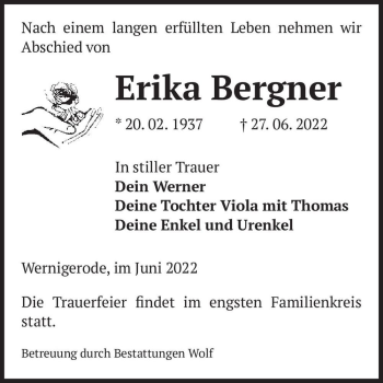Traueranzeige von Erika Bergner  von Magdeburger Volksstimme