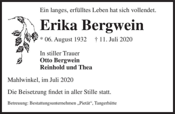Traueranzeige von Erika Bergwein  von Magdeburger Volksstimme