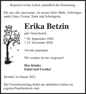 Traueranzeige von Erika Betzin (geb. Gonschorek)  von Magdeburger Volksstimme