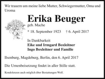 Traueranzeige von Erika Beuger (geb. Mache)  von Magdeburger Volksstimme