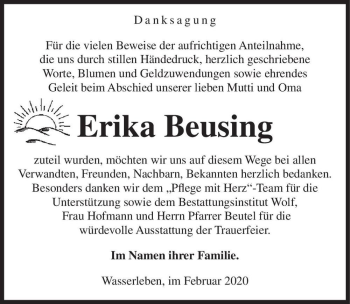 Traueranzeige von Erika Beusing  von Magdeburger Volksstimme