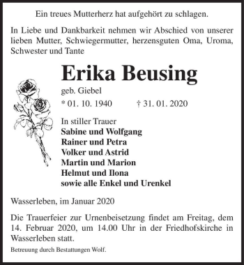 Traueranzeige von Erika Beusing (geb. Giebel)  von Magdeburger Volksstimme