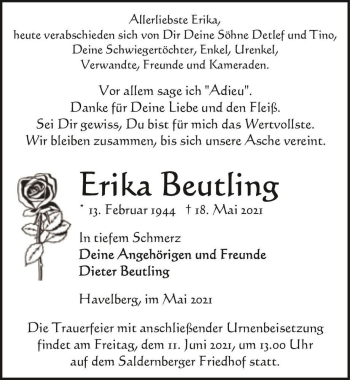 Traueranzeige von Erika Beutling  von Magdeburger Volksstimme