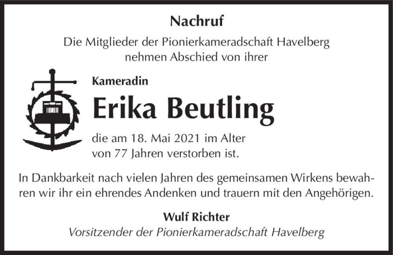  Traueranzeige für Erika Beutling  vom 28.05.2021 aus Magdeburger Volksstimme