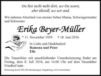 Traueranzeige von Erika Beyer-Müller  von Magdeburger Volksstimme
