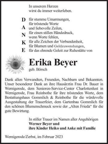 Traueranzeige von Erika Beyer (geb. Börsch)  von Magdeburger Volksstimme
