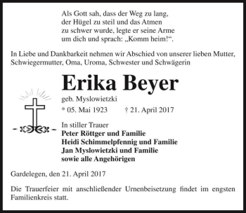 Traueranzeige von Erika Beyer (geb. Myslowietzki)  von Magdeburger Volksstimme
