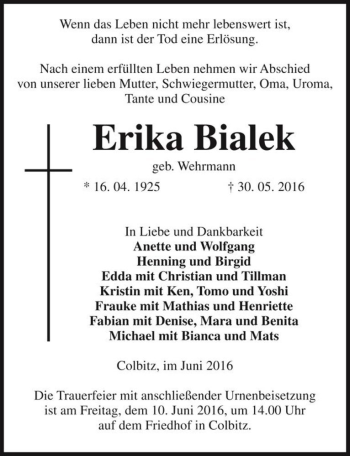 Traueranzeige von Erika Bialek (geb. Wehrmann)  von Magdeburger Volksstimme
