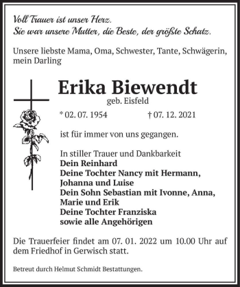 Traueranzeige von Erika Biewendt (geb. Eisfeld)  von Magdeburger Volksstimme