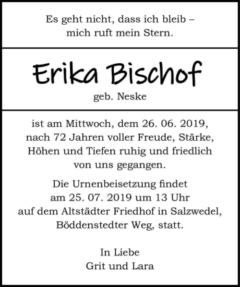 Traueranzeige von Erika Bischof (geb. Neske)  von Magdeburger Volksstimme