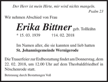 Traueranzeige von Erika Bittner (geb. Tollkühn)  von Magdeburger Volksstimme