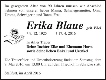 Traueranzeige von Erika Blaue (geb. Ebel)  von Magdeburger Volksstimme