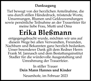 Traueranzeige von Erika Bleßmann  von Magdeburger Volksstimme