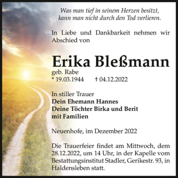 Traueranzeige von Erika Bleßmann (geb. Rabe)  von Magdeburger Volksstimme