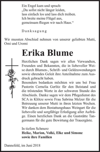 Traueranzeige von Erika Blume  von Magdeburger Volksstimme