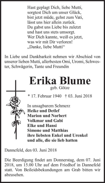 Traueranzeige von Erika Blume (geb. Götze)  von Magdeburger Volksstimme
