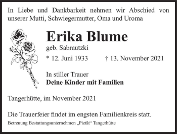 Traueranzeige von Erika Blume (geb. Sabrautzki)  von Magdeburger Volksstimme