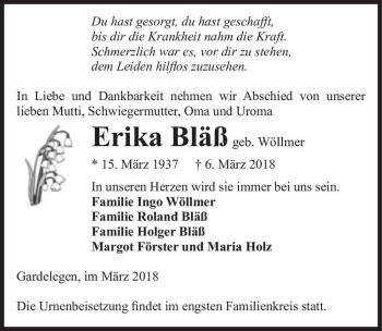 Traueranzeige von Erika Bläß (geb. Wöllmer)  von Magdeburger Volksstimme