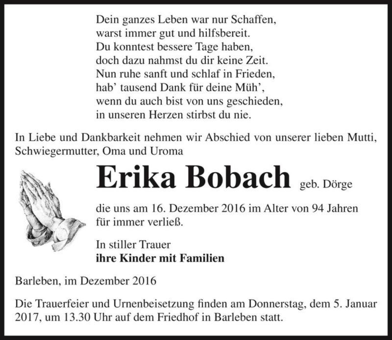  Traueranzeige für Erika Bobach (geb. Dörge)  vom 22.12.2016 aus Magdeburger Volksstimme