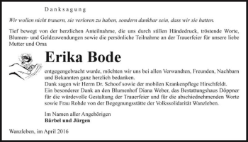 Traueranzeige von Erika Bode  von Magdeburger Volksstimme