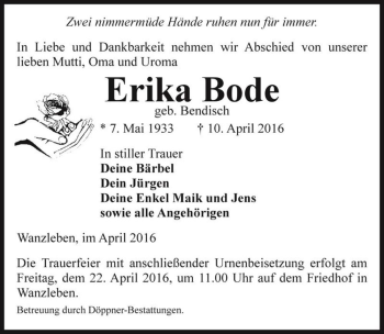 Traueranzeige von Erika Bode (geb. Bendisch)  von Magdeburger Volksstimme