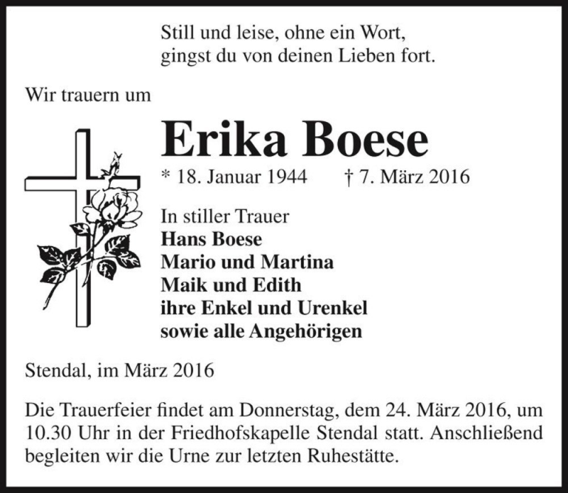  Traueranzeige für Erika Boese  vom 17.03.2016 aus Magdeburger Volksstimme