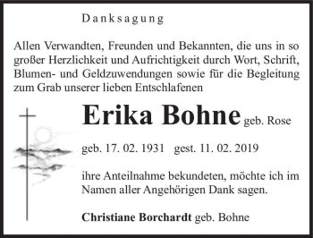 Traueranzeige von Erika Bohne (geb. Rose)  von Magdeburger Volksstimme