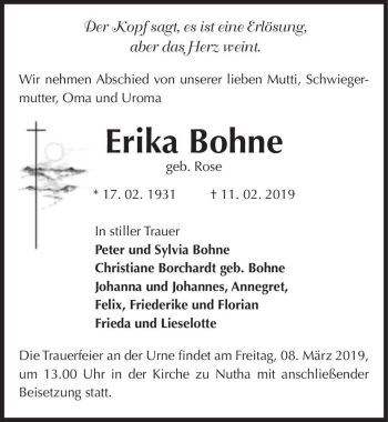 Traueranzeige von Erika Bohne (geb. Rose)  von Magdeburger Volksstimme