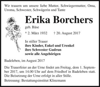 Traueranzeige von Erika Borchers (geb. Bäse)  von Magdeburger Volksstimme