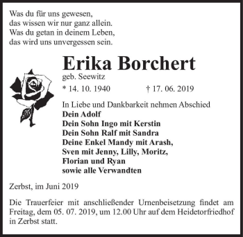 Traueranzeige von Erika Borchert (geb. Seewitz)  von Magdeburger Volksstimme