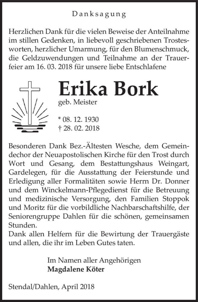  Traueranzeige für Erika Bork (geb. Meister)  vom 20.04.2018 aus Magdeburger Volksstimme