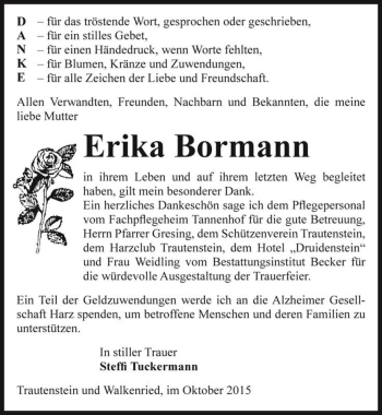 Traueranzeige von Erika Bormann  von Magdeburger Volksstimme