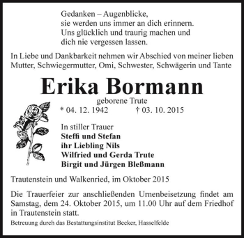 Traueranzeige von Erika Bormann (geb. Trute)  von Magdeburger Volksstimme