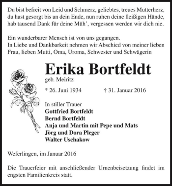 Traueranzeige von Erika Bortfeldt (geb. Meiritz)  von Magdeburger Volksstimme