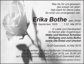 Traueranzeige von Erika Bothe (geb. Elster)  von Magdeburger Volksstimme