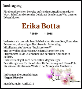 Traueranzeige von Erika Botta  von Magdeburger Volksstimme