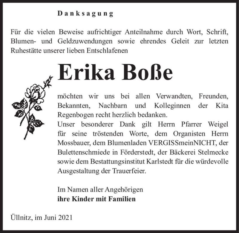  Traueranzeige für Erika Boße  vom 05.06.2021 aus Magdeburger Volksstimme