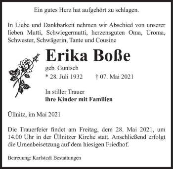 Traueranzeige von Erika Boße (geb. Guntsch)  von Magdeburger Volksstimme