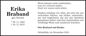 Traueranzeige von Erika Braband (geb. Torreck)  von Magdeburger Volksstimme