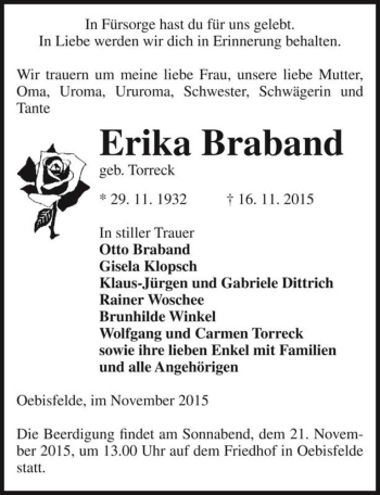 Traueranzeige von Erika Braband (geb. Torreck)  von Magdeburger Volksstimme