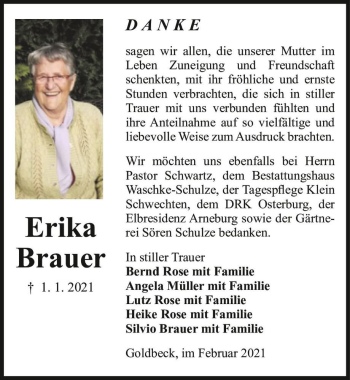 Traueranzeige von Erika Brauer  von Magdeburger Volksstimme