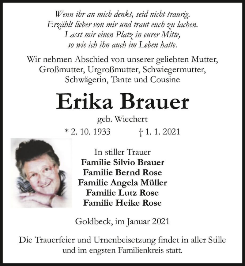  Traueranzeige für Erika Brauer (geb. Wiechert)  vom 05.01.2021 aus Magdeburger Volksstimme