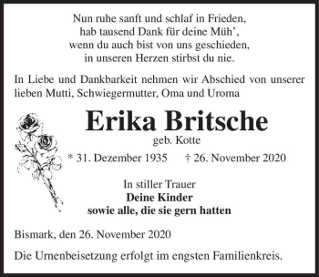 Traueranzeige von Erika Britsche (geb. Kotte)  von Magdeburger Volksstimme