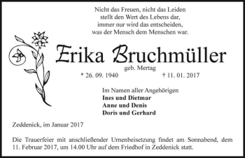 Traueranzeige von Erika Bruchmüller (geb. Mertag)  von Magdeburger Volksstimme