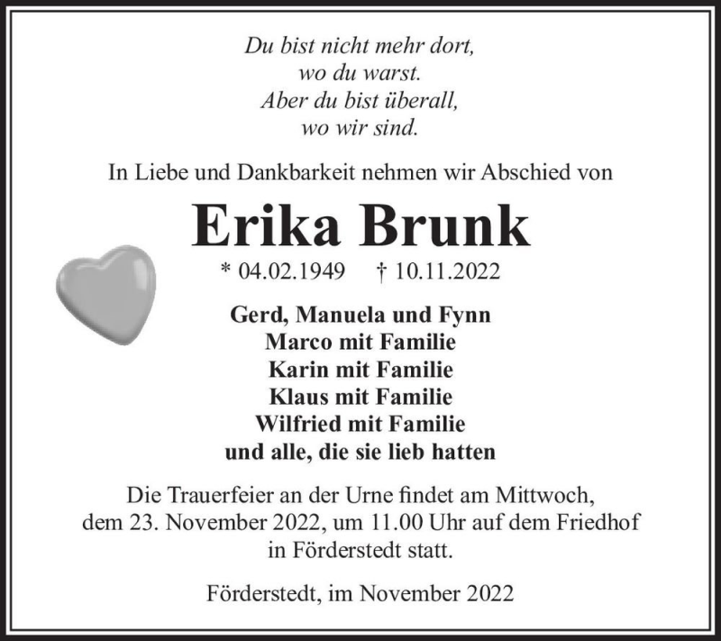  Traueranzeige für Erika Brunk  vom 16.11.2022 aus Magdeburger Volksstimme