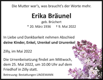Traueranzeige von Erika Bräunel (geb. Brüchert)  von Magdeburger Volksstimme